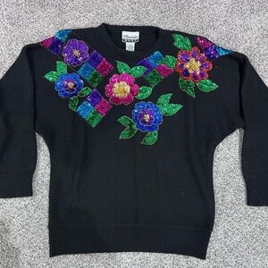 Vintage Marnie West Black Sequin Beaded Full Sleeve Wool Rabbit Hair Sweater M